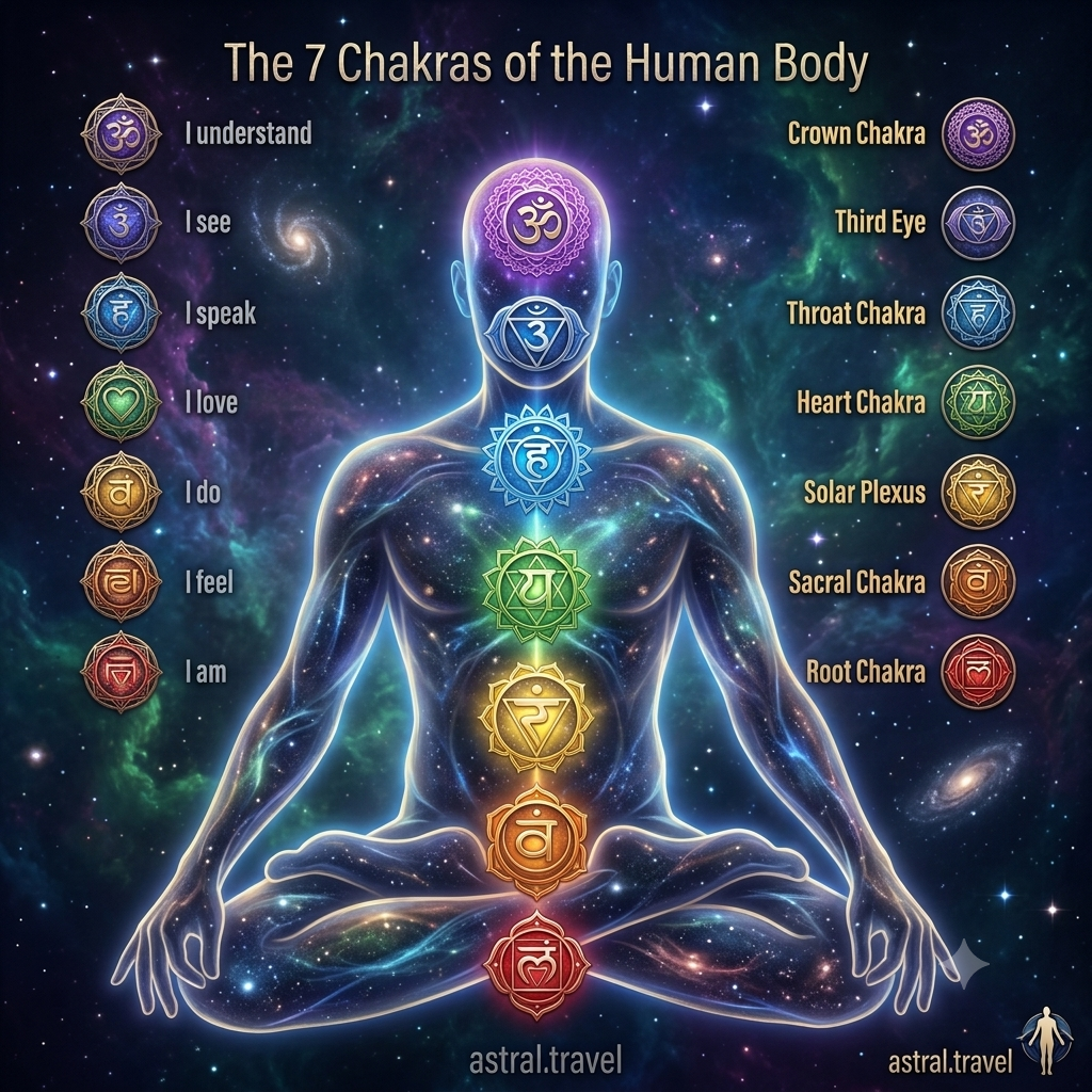 The 7 Chakras of the Human Body - crown, third eye, throat, heart, solar plexus, sacral, and root chakra diagram